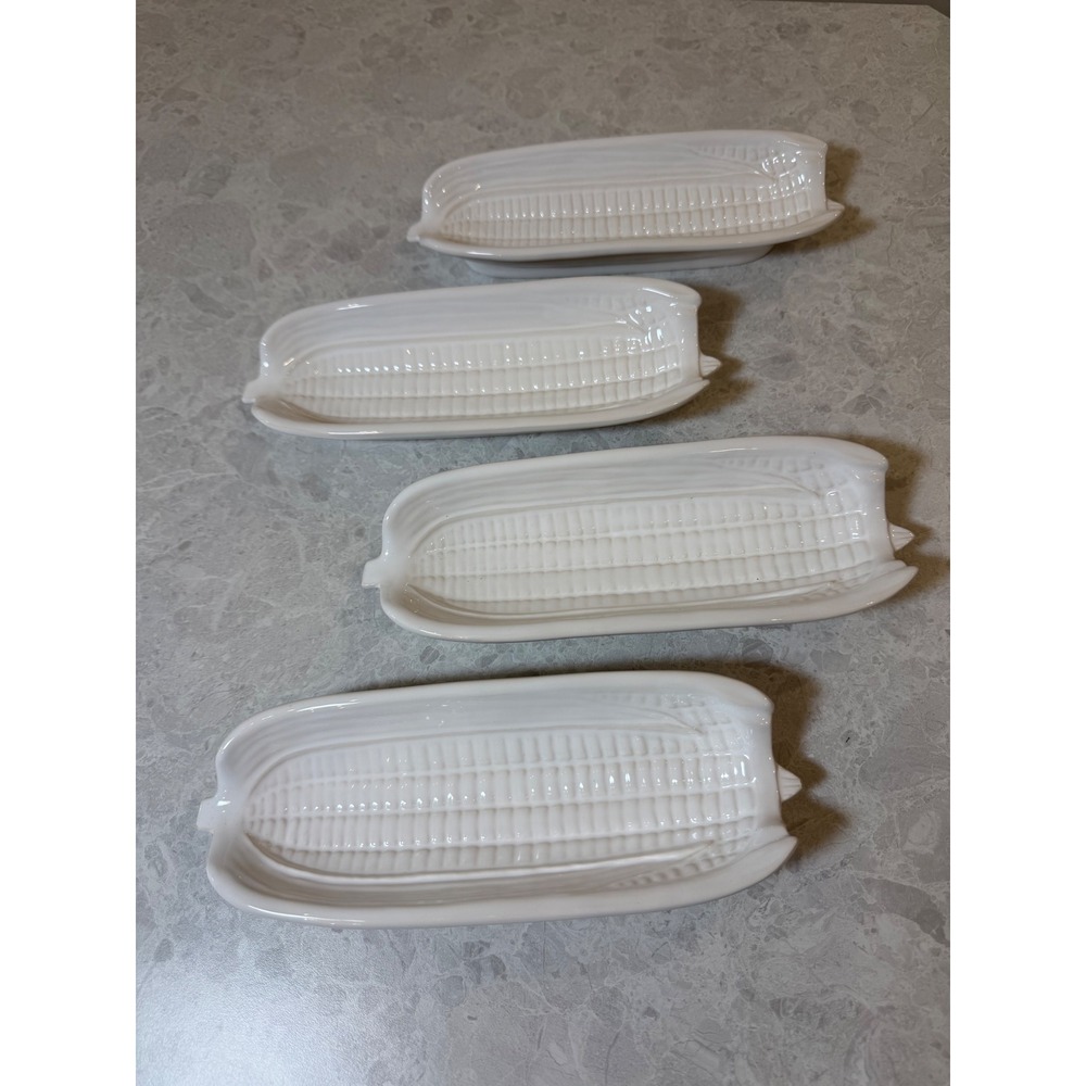 Bordallo Pinheiro White Ceramic Corn on the Cob Dishes Set of 4 Portugal Vintage